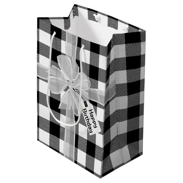 Happy Birthday Bow auf Kariert Mittlere Geschenktüte (Vorderseite Schrägansicht)