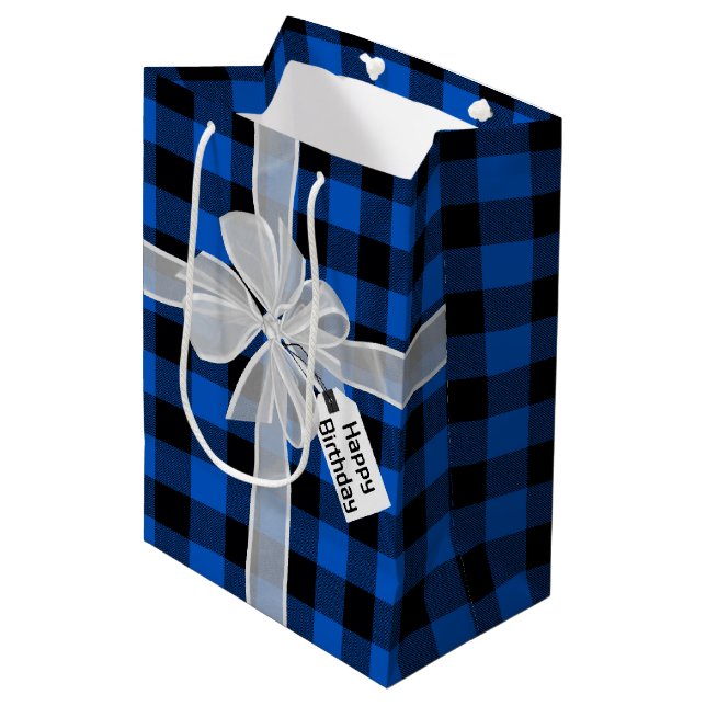 Happy Birthday Bow auf Kariert Mittlere Geschenktüte (Vorderseite Schrägansicht)