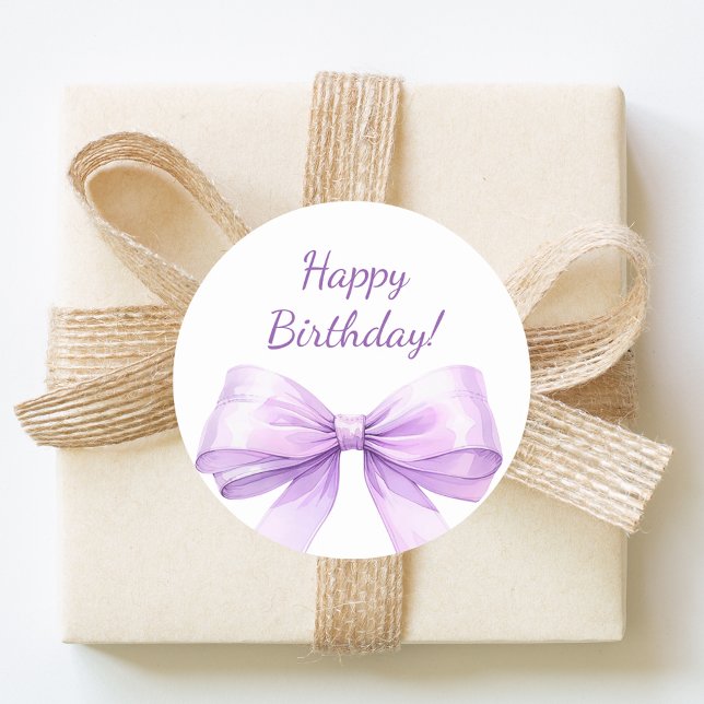 Happy Birthday Bow Lavender elegant Runder Aufkleber (Von Creator hochgeladen)