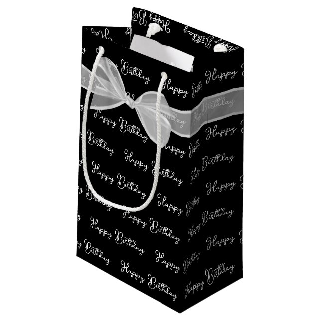 Happy Birthday Bow on Black Kleine Geschenktüte (Rückseite Schrägansicht)