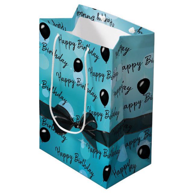 Happy Birthday Bow und Black Balloons Mittlere Geschenktüte (Vorderseite Schrägansicht)