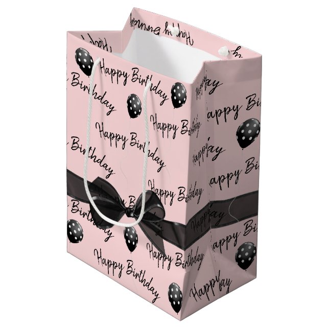 Happy Birthday Bow und Polka Dot Balloons Mittlere Geschenktüte (Vorderseite Schrägansicht)