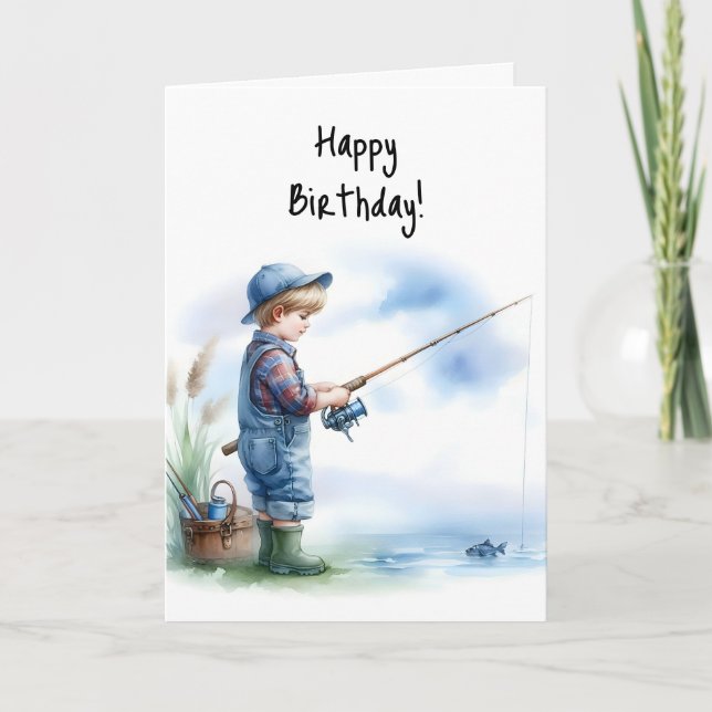 Happy Birthday Boy Fishing Pond Blue Hat Overalls Karte (Vorderseite)