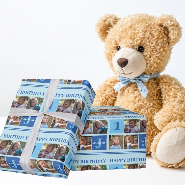 Happy Birthday Boy Foto Collage Niedlich Custom Geschenkpapier (Von Creator hochgeladen)
