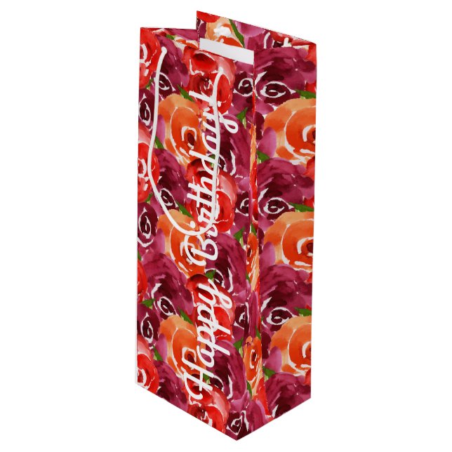Happy Birthday Bright Watercolor Blume Geschenktüte Für Weinflaschen (Vorderseite Schrägansicht)