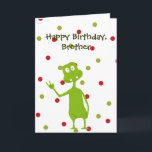 Happy Birthday Brother Space Alien Karte<br><div class="desc">Geburtstagskarte für diesen besonderen Bruder. Zeichn der Alien der Grünflächen auf einem roten und grünen Polka-Punkt-Hintergrund. Sie können den Text bearbeiten,  um diese Karte für jeden und/oder jede Gelegenheit anzupassen.</div>