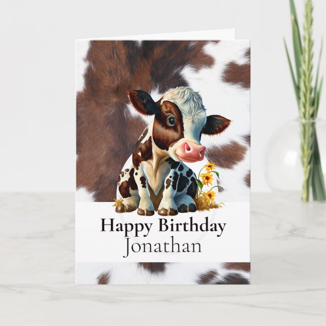 HAPPY BIRTHDAY BROWN COW BOY CARD KARTE (Vorderseite)