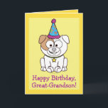 Happy Birthday Bulldog: Groß-Grandson Karte<br><div class="desc">In dieser farbenfrohen,  fröhlichen Geburtstagskarte ist ein Cartoon-Bulldog für einen Urenkel zu einer Geburtstagsparty gekleidet.    Matching-Gegenstände wie Aufkleber und Magnet sind im Pinguinkern unter der entsprechenden Kategorie erhältlich.</div>