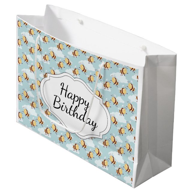 Happy Birthday Bumble Bee Große Geschenktüte (Vorderseite Schrägansicht)