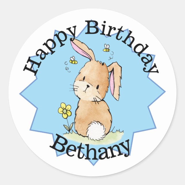 Happy Birthday Bunny Personalisiert Runder Aufkleber (Vorderseite)