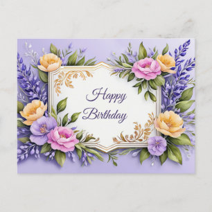Happy Birthday Bunte Blumen auf Lavendel  Postkarte
