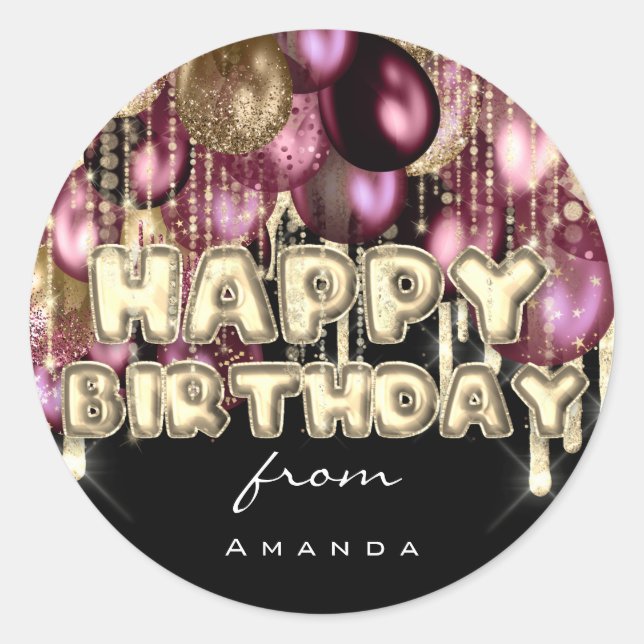 Happy Birthday Burgundy Silver Gold BALLOONS Black Runder Aufkleber (Vorderseite)