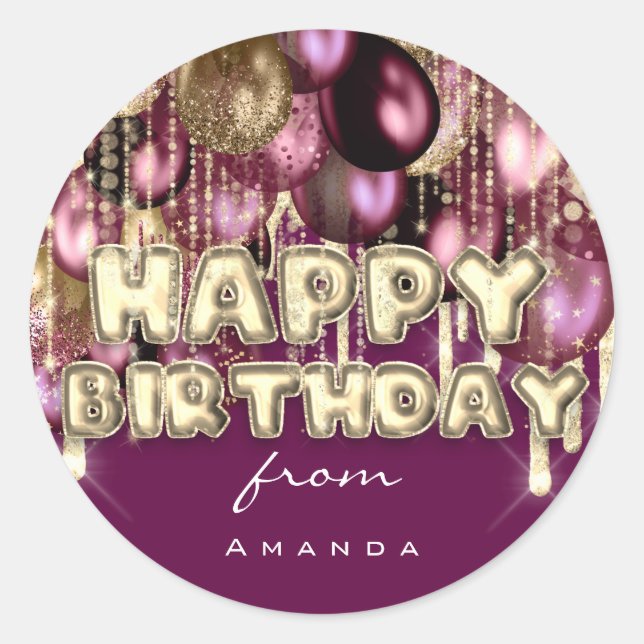 Happy Birthday Burgundy Silver Gold BALLOONS VIP Runder Aufkleber (Vorderseite)