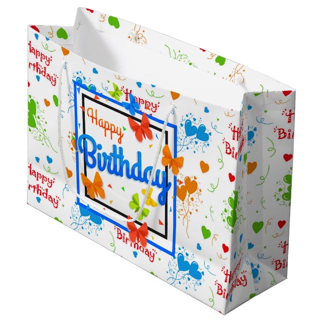 Happy Birthday Butterflies Große Geschenktüte (Vorderseite Schrägansicht)