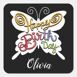 Happy Birthday Butterfly Typografie Quadratischer Aufkleber