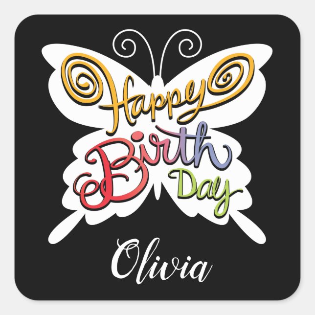 Happy Birthday Butterfly Typografie Quadratischer Aufkleber (Vorderseite)