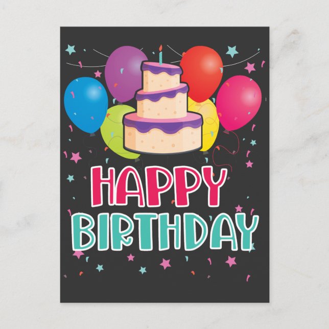Happy Birthday Cake Balloon Celebration Confetti Postkarte (Vorderseite)
