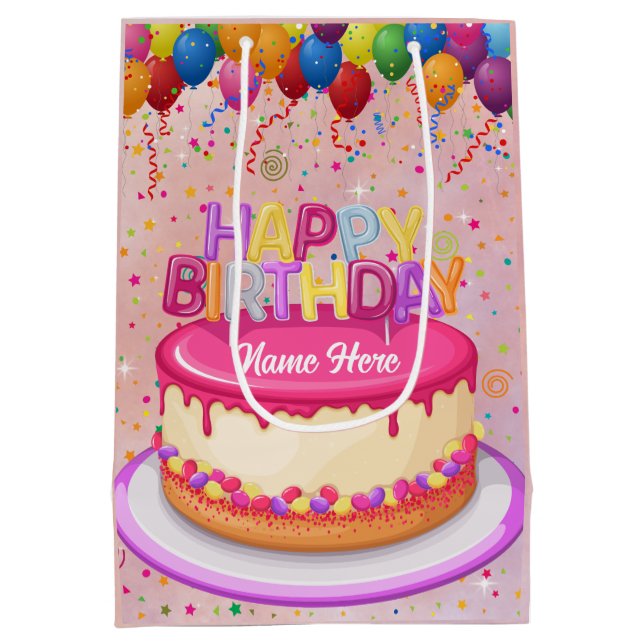 Happy Birthday Cake Balloon und Confetti Mittlere Geschenktüte (Rückseite)