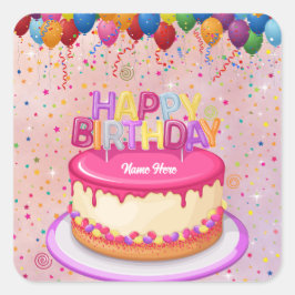 Happy Birthday Cake Balloon und Confetti Quadratischer Aufkleber