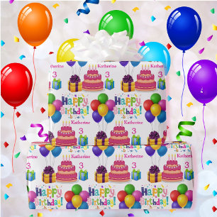 Happy Birthday Cake Balloons Name Girl's Pink hinz Geschenkpapier
