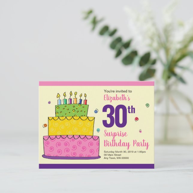 Happy Birthday Cake Candle Whimsical Einladungspostkarte (Stehend Vorderseite)
