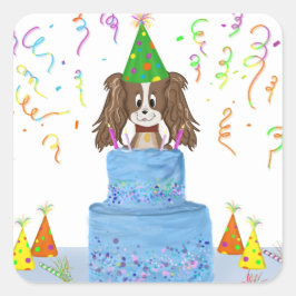 Happy Birthday Cake Cavalier King Charles Spaniel Quadratischer Aufkleber