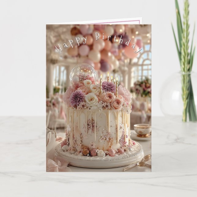 Happy Birthday Cake Pretty Pink Mauve Flowers   Karte (Vorderseite)