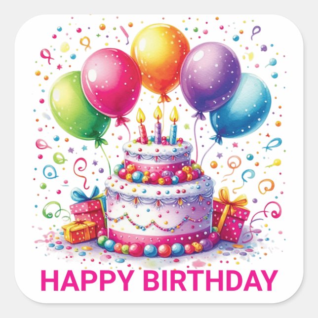 Happy Birthday Cake Quadratischer Aufkleber (Vorderseite)