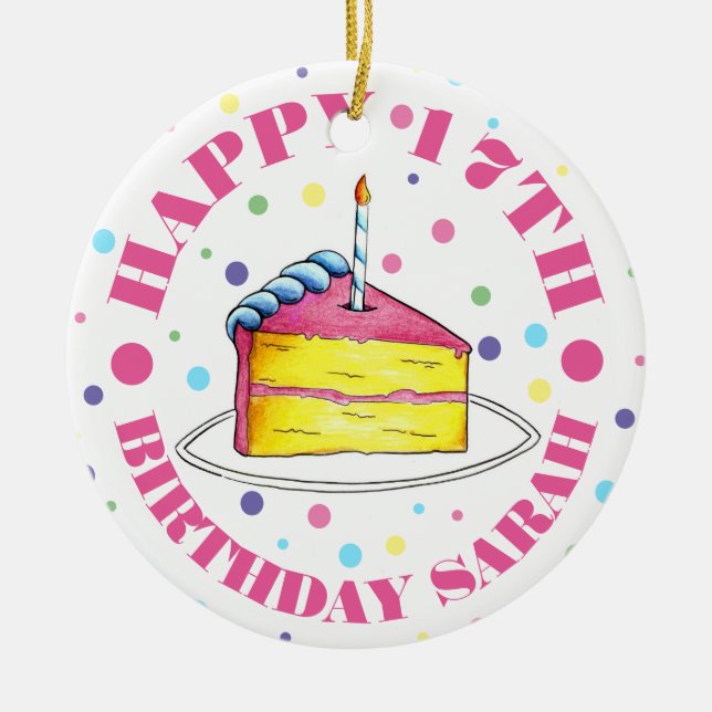 Happy Birthday Cake Slice Candle Pastel Polka Dots Keramik Ornament (Vorne)