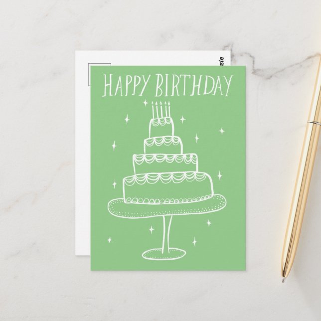 Happy Birthday Cake Whimsical Sketch Doodle Postkarte (Vorderseite/Rückseite Beispiel)