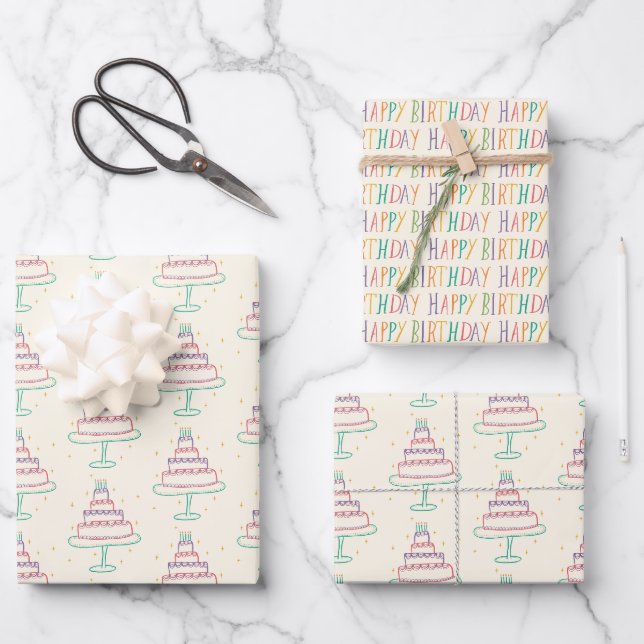 Happy Birthday Cakes Niedlich Charming Muster Gesc Geschenkpapier Set (Vorderseite)