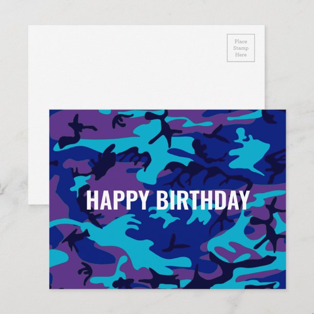 Happy Birthday Camouflage Dark Blue & Lila Postkarte (Vorne/Hinten)