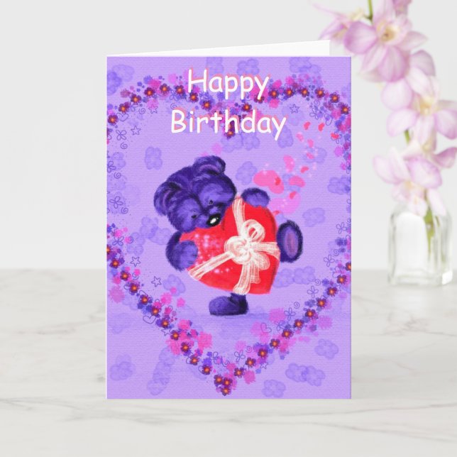 Happy Birthday Card Bär mit Herzgeschenk Karte (Orchidee)