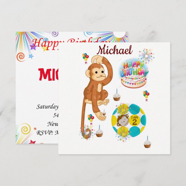 Happy Birthday Card Einladung Affe Zwei Jahre alt (Vorne/Hinten)