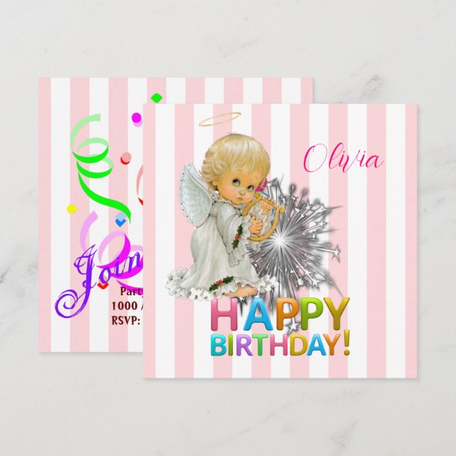 Happy Birthday Card Einladung Angel Pink (Vorne/Hinten)