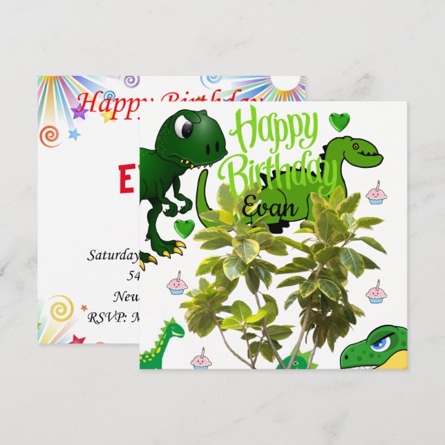 Happy Birthday Card Einladung Dinosaurier (Vorne/Hinten)