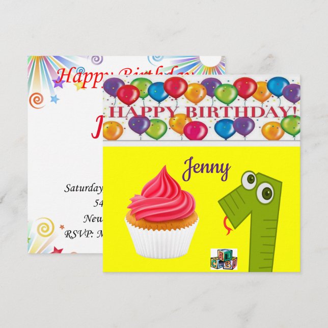 Happy Birthday Card Einladung ein Jahr alt (Vorne/Hinten)