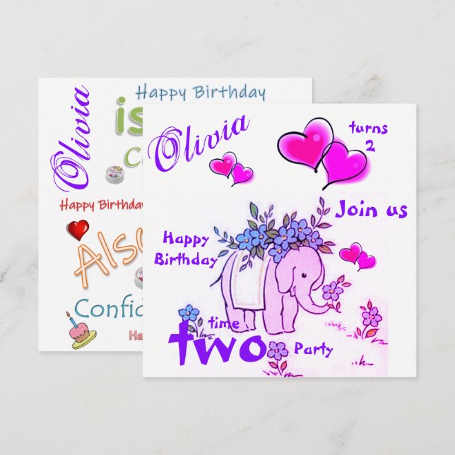 Happy Birthday Card Einladung Elephant (Vorne/Hinten)