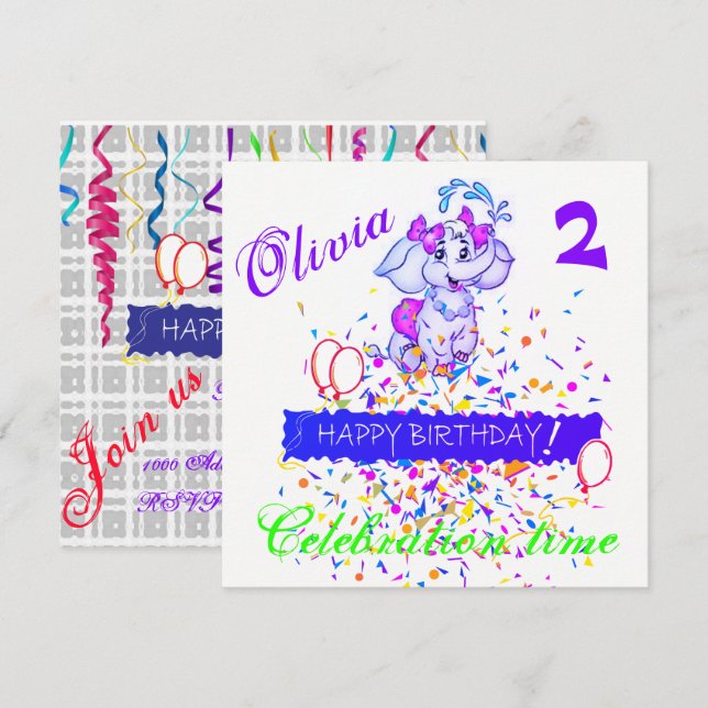 Happy Birthday Card Einladung Elephant (Vorne/Hinten)