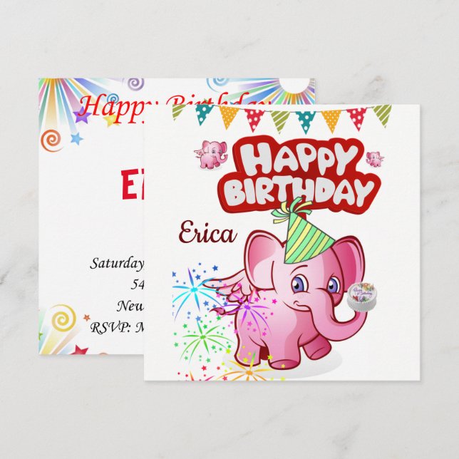 Happy Birthday Card Einladung Elephant (Vorne/Hinten)