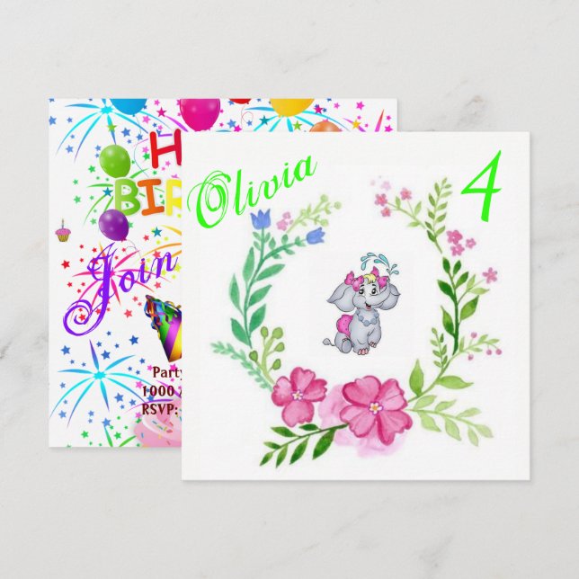Happy Birthday Card Einladung Elephant Floral (Vorne/Hinten)