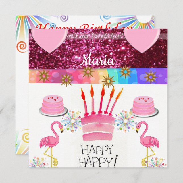 Happy Birthday Card Einladung Flamingo (Vorne/Hinten)