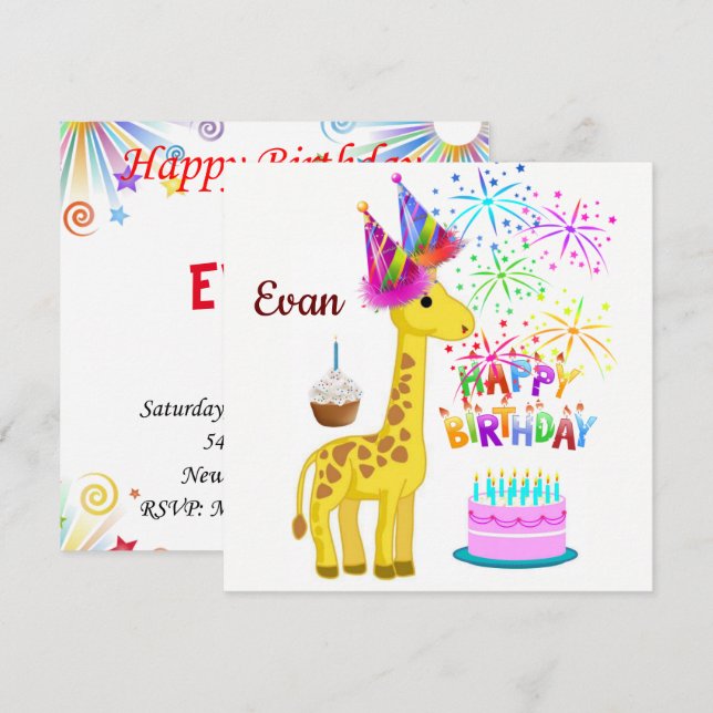 Happy Birthday Card Einladung Giraffe (Vorne/Hinten)