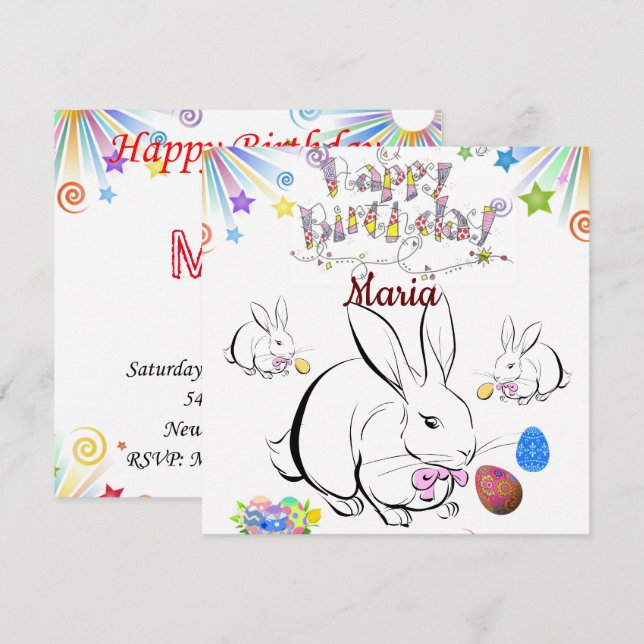 Happy Birthday Card Einladung Kaninchen (Vorne/Hinten)