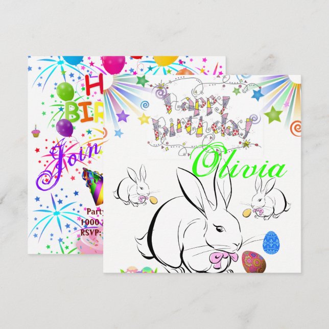 Happy Birthday Card Einladung Kaninchen (Vorne/Hinten)