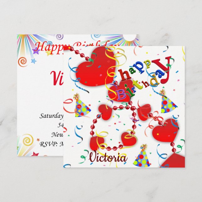 Happy Birthday Card Einladung Rote Herzen (Vorne/Hinten)