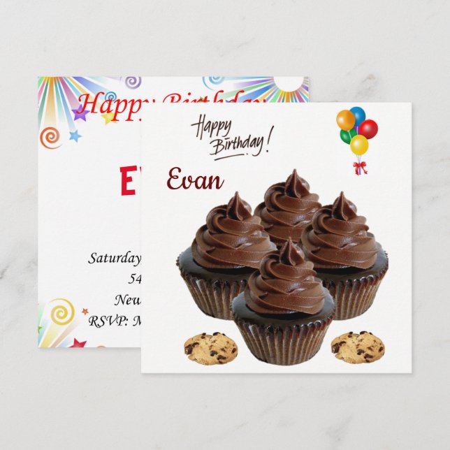 Happy Birthday Card Einladung Schokolade Cupcake (Vorne/Hinten)