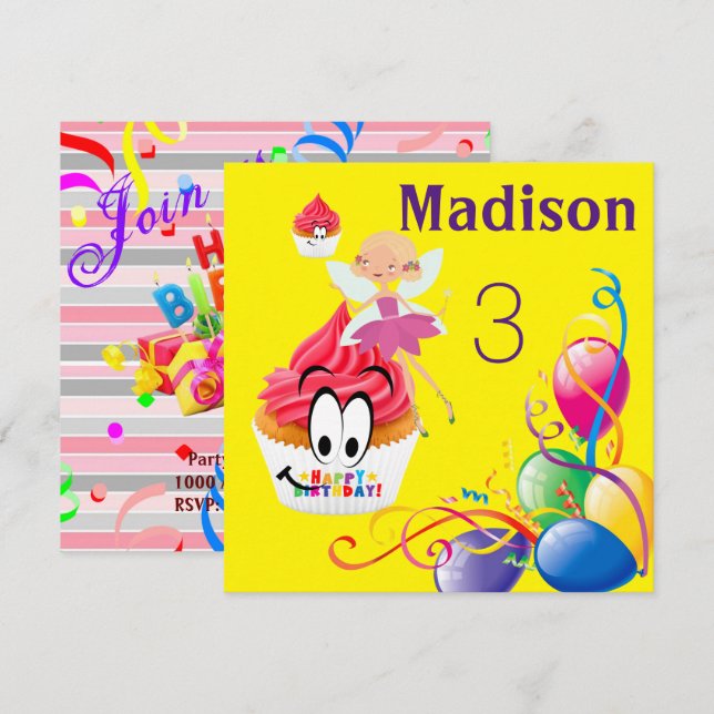 Happy Birthday Card Einladung Stripe FairyCupcake (Vorne/Hinten)