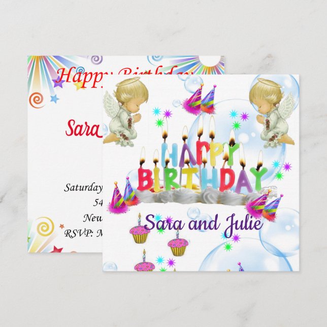 Happy Birthday Card Einladung Twin Angels (Vorne/Hinten)