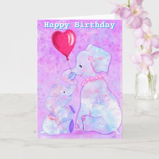 Happy Birthday Card Elephant Mama und Baby Karte (Orchidee)